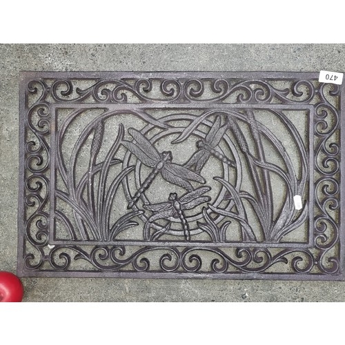 470 - Ornate cast iron boot scraper door mat  features art nouveau dragonfly motifs and intricate scrollwo... 