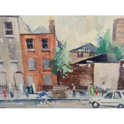 98 - Star Lot : A Brian Quinn B1947 Dublin  wonderful oil on canvas painting depicting a Dublin street sc... 