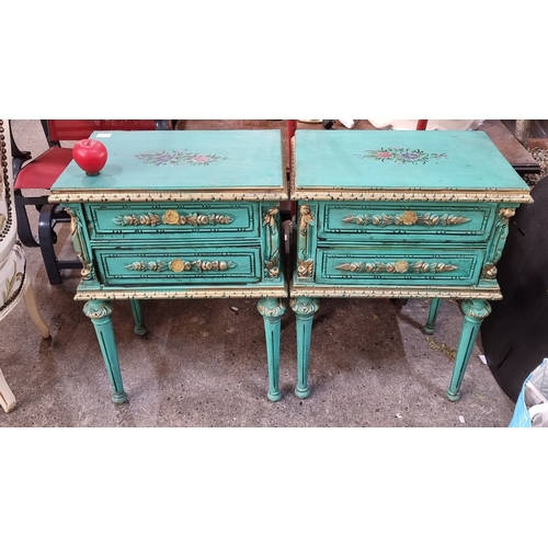 1199 - Star Lot :A fabulous Pair of French chateau turquoise bedside tables /sidetables with floral motifs ... 