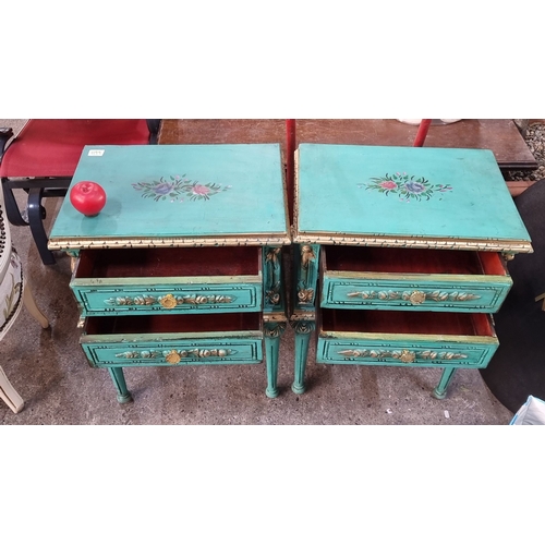 1199 - Star Lot :A fabulous Pair of French chateau turquoise bedside tables /sidetables with floral motifs ... 