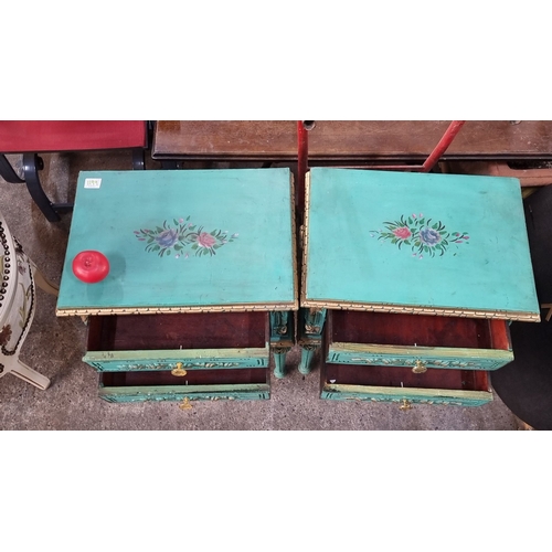 1199 - Star Lot :A fabulous Pair of French chateau turquoise bedside tables /sidetables with floral motifs ... 