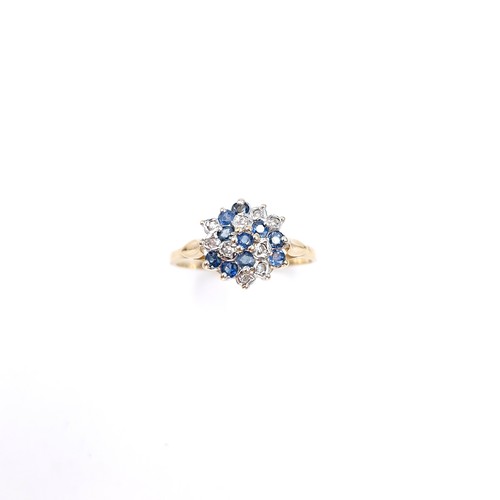 5 - A pretty nine carat gold sapphire and diamond cluster ring. Size - P. Weight - 2.12 grams.