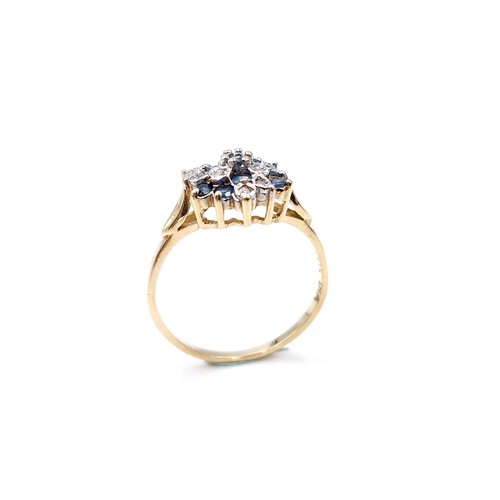 5 - A pretty nine carat gold sapphire and diamond cluster ring. Size - P. Weight - 2.12 grams.