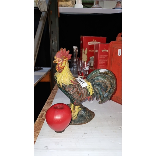 411 - Cast iron heavy rooster doorstop with vibrant hand-painted detailing.