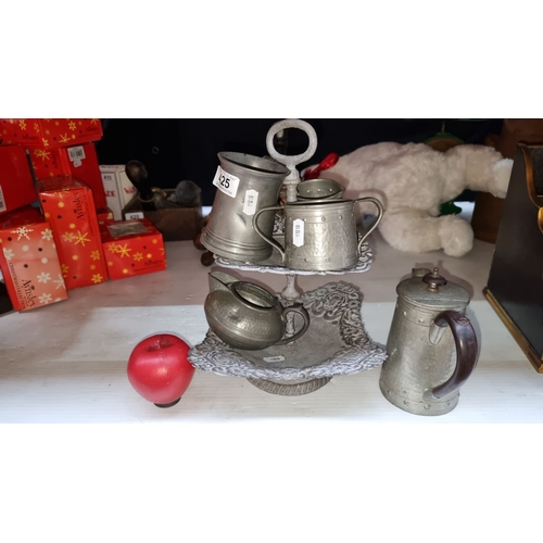 425 - A Talbot 1807 Pewter tea set with hammered finish includes teapot, creamer, sugar pot, and two-tiere... 