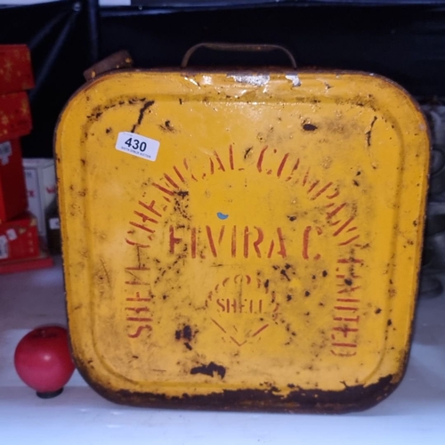 430 - Vintage Shell Evirac oil can, yellow metal, from the mid-20th century. Capacity marked as 5 gallons,... 