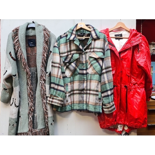 437 - Three Zara Items including Zara knitwear cardigan size M, plaid flannel jacket, size L, and red hood... 