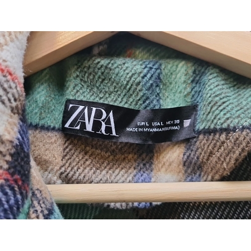 437 - Three Zara Items including Zara knitwear cardigan size M, plaid flannel jacket, size L, and red hood... 