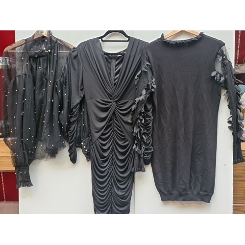 448 - Three-piece black garment collection featuring a sheer pearl blouse, ruched dress, and ruffled sleev... 