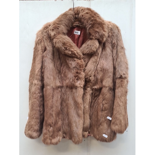 449 - Vintage brown fur coat, mid-length with a classic collar and silky lining. Size XS/S.