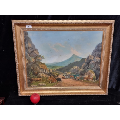 101 - Star lot : An original antique oil on canvas painting depicting a mountainous landscape scene with h... 