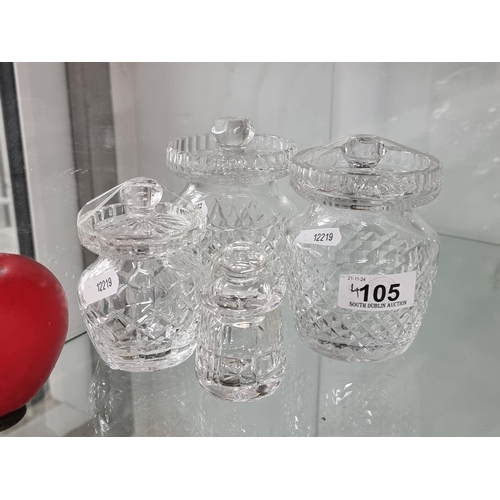 105 - Four Waterford Crystal preserve jars., two of matching sizes. All in good condition with acid marks ... 