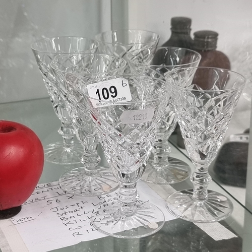 109 - A lovely set of six Waterford Crystal glasses. All in good condition with acid marks to base.