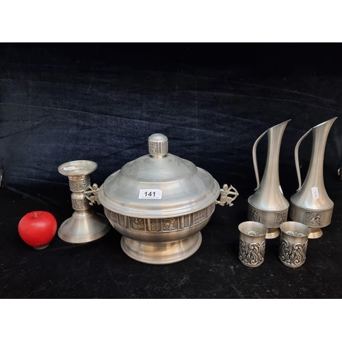 141 - Six pieces of Norwegian Hagness pewter including large lidded tureen, two jugs, and a candlestick. T... 