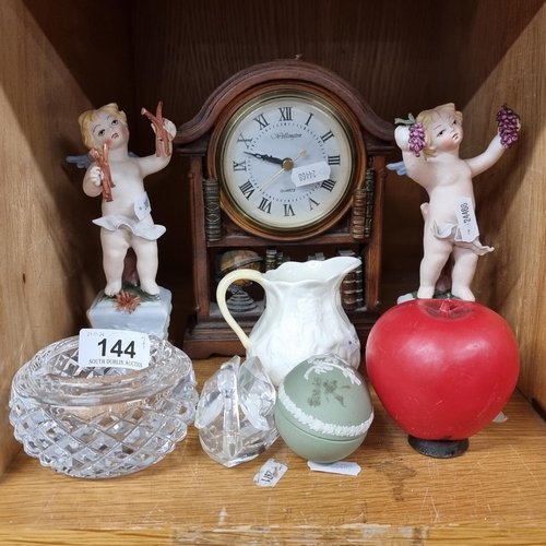 144 - A mixed lot of seven items including a pretty Belleek creamer jug, a Waterford Crystal ash tray, a W... 