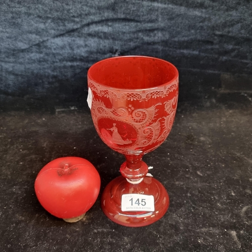 145 - A fabulous large 19th century antique ruby etched bohemian glass chalice. In good condition.