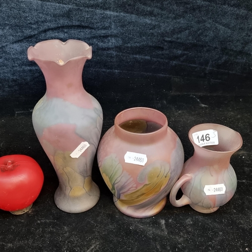 146 - Three pieces of 'Nouveau Art Glass' hand painted by Rueven. Includes two vase and a mini jug. All in... 