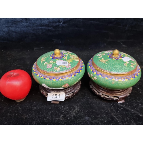 151 - Star Lot : A lovely  pair of Cloisonne enamelled Chinese lidded jars sat on hand carved Rosewood bas... 