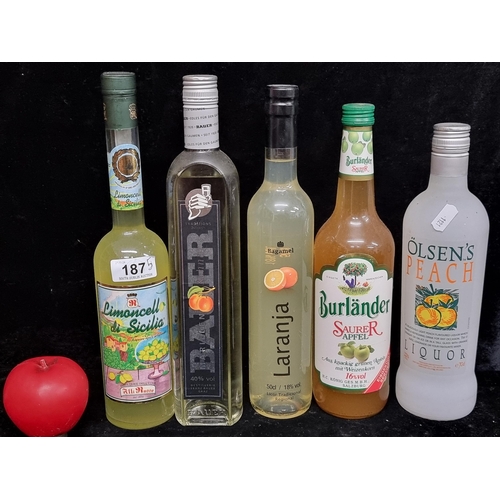 187 - Five sealed bottles of alcohol including a bottle of Olsens Peach Liqueur (€25), Bagamel Laranja ($3... 