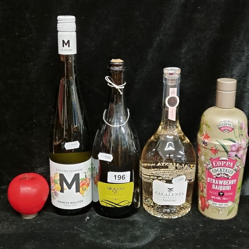 196 - Four sealed bottles of alcohol including a 75cl bottle Stocco Prosecco  a bottle of 75cl Calalenta F... 