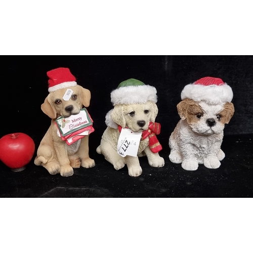 277 - Three charming Christmas decoration puppy figurines, hand painted. brand new from a top UK design co... 