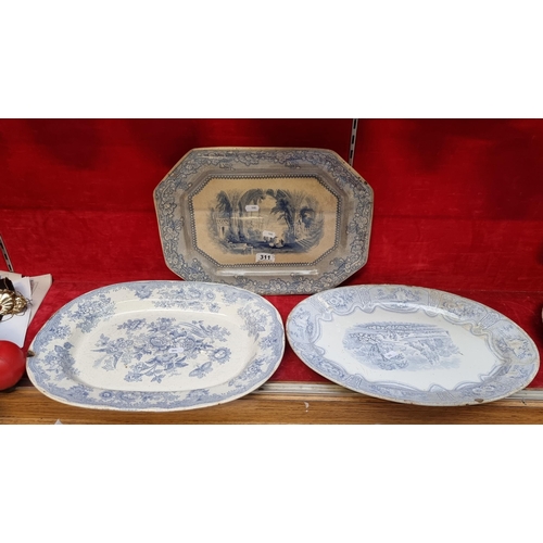 311 - Three 19th Century blue and white large serving platters including a E. Challinor example.