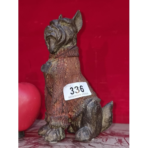 336 - A lovely vintage terrier dog figure in a doggie jacket great expression on his face, a mans best fri... 