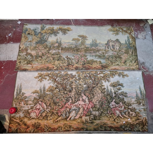 338 - Two vintage tapestries of 18th century country scenes.