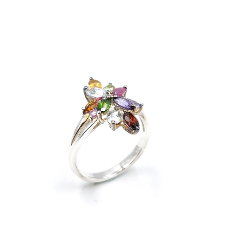 39 - A very pretty sterling silver vari hue gemstone ring, with rubies, citrines, peridot and amethyst. .... 