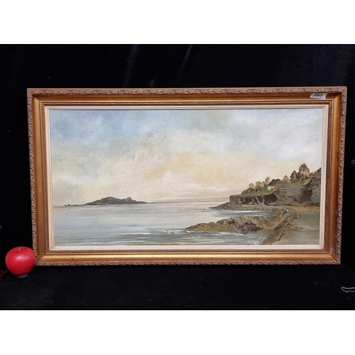 63 - An original oil on canvas board painting titled 'Ireland's Eye View 1983'. Features a serene Irish c... 