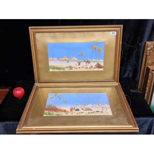 90 - A pair of original gouache-on-paper paintings featuring two Arabian desert scenes, each with figures... 