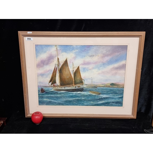 92 - An original oil on canvas painting by 'E. Vorsey', depicting a serene maritime scene set against a s... 