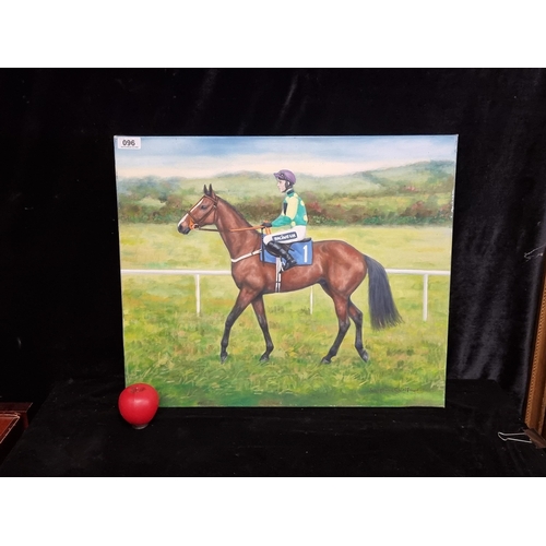 96 - An original Josephine Guilfoyle oil on canvas painting. Features a horse racing scene with jockey in... 