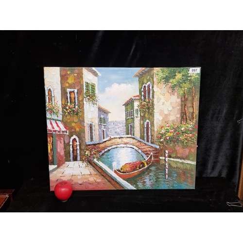 97 - An original oil painting on canvas depicting a vibrant Venetian street featuring lush flowers and a ... 