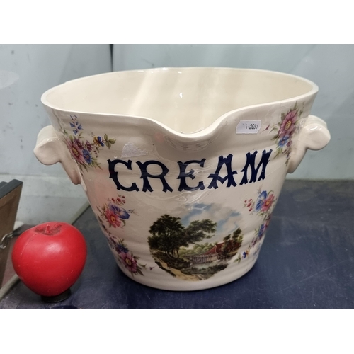 112 - A lovely large antique cream pale with floral and a country scene decoration. Lovely old pale and ve... 