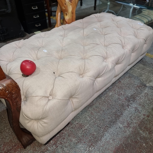 676 - A very large, long vintage button back ottoman in a beige fabric. Fabulous piece from a huge living ... 