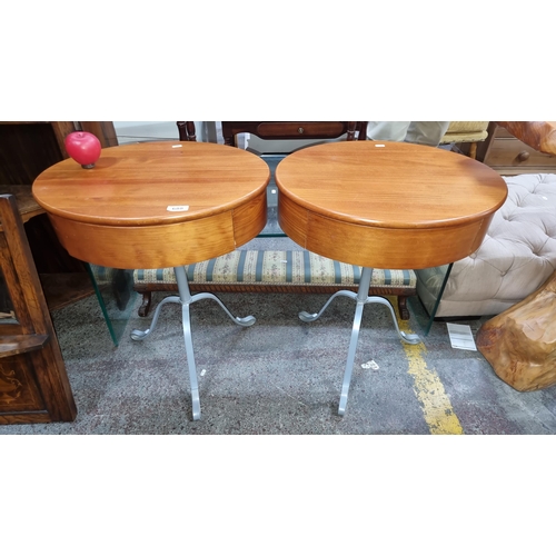 688 - A lovely matching pair of drum style side tables with a pull out drawer mounted onto a tripod metal ... 