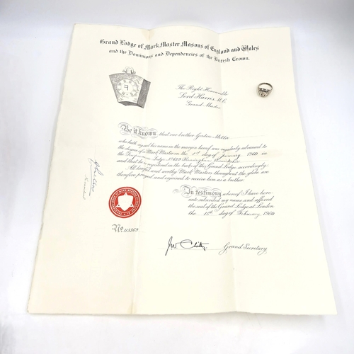 560 - Two masonic items - a certification for the Grand Lodge of Mark Masters Masons in excellent conditio... 