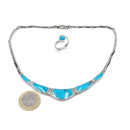 595 - A super sterling silver choker necklace with turquoise stone setting. Weight - 28 grams. Together wi... 