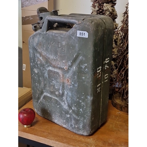 851 - Vintage Military metal jerry can with embossed 