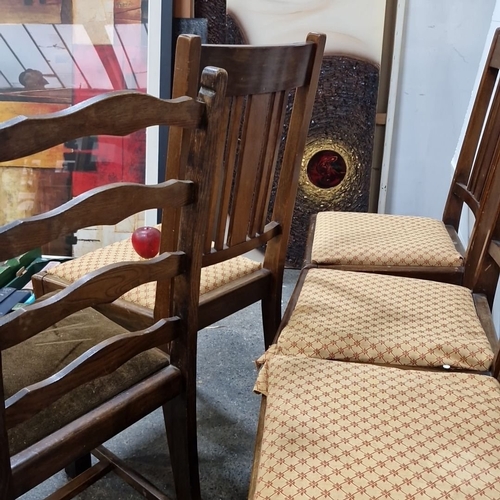 883 - Set of five wooden dining chairs, from the early 20th century, with carved floral motifs and upholst... 