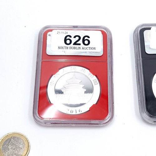 626 - A 2016 Chinese Panda 30 grams encapsulated pure silver coin. MS70 graded.