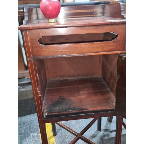 703 - Star Lot : Georgian mahogany bedside cabinet with gallery top and decorative inlay, featuring a sing... 