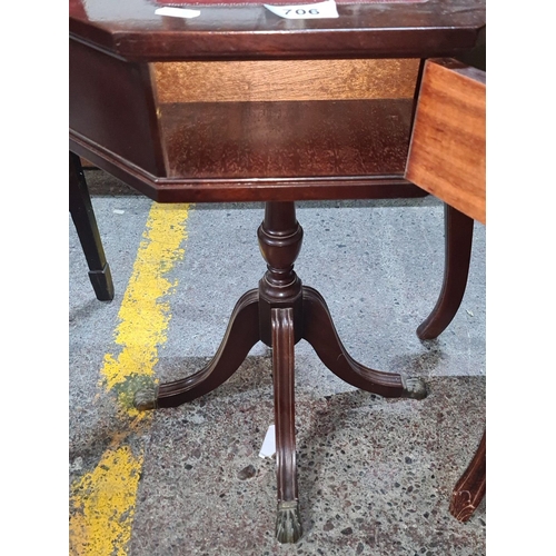 706 - Antique mahogany side table with octagonal top, red leather insert, and single drawer. It has claw f... 