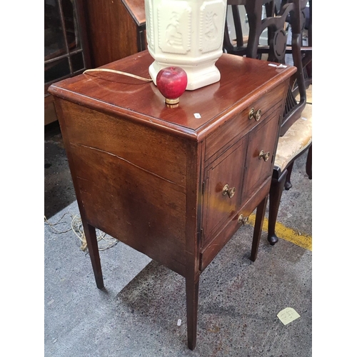 708 - Vintage mahogany bedside cabinet with single drawer and double-door storage. From the mid-20th centu... 