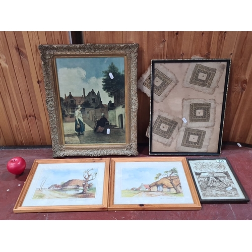 719 - Mixed lot of five framed artworks includes an oil painting in an ornate gilt frame, textile art in a... 