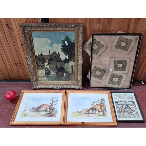 719 - Mixed lot of five framed artworks includes an oil painting in an ornate gilt frame, textile art in a... 