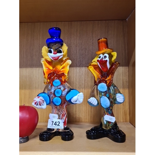 742 - A gorgeous pair of Murano art glass clowns in vibrant colours. They are hand-blown with distinctive ... 