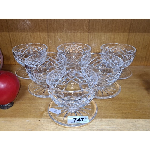 747 - Set of six cut crystal dessert bowls, featuring intricate diamond patterns. Each bowl marked 'Waterf... 