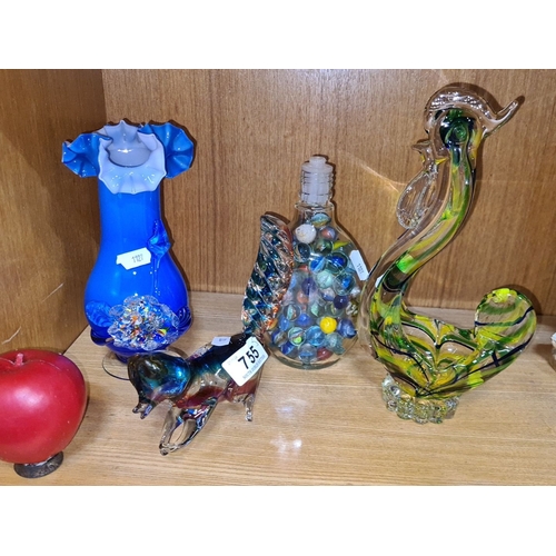 755 - Collection of colorful studio art glass ornaments including vases, animal figures, and a bottle fill... 